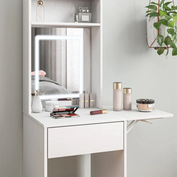 Compacte kaptafel met spiegel en led verlichting, klapbare tafelblad, openere planken, lade, mdf, wit 10