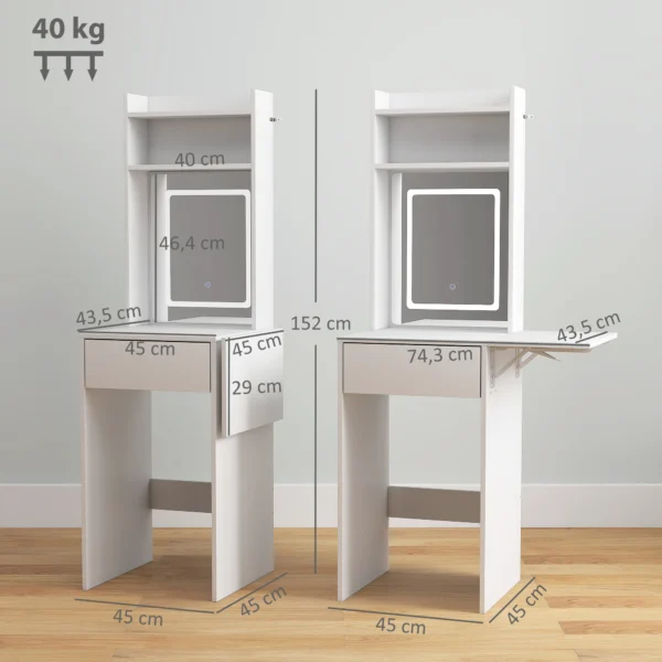 Compacte kaptafel met spiegel en led verlichting, klapbare tafelblad, openere planken, lade, mdf, wit 4