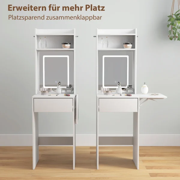 Compacte kaptafel met spiegel en led verlichting, klapbare tafelblad, openere planken, lade, mdf, wit 6