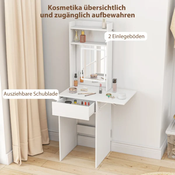 Compacte kaptafel met spiegel en led verlichting, klapbare tafelblad, openere planken, lade, mdf, wit 7