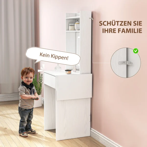 Compacte kaptafel met spiegel en led verlichting, klapbare tafelblad, openere planken, lade, mdf, wit 8