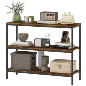 Console tafel, bijzettafel met 3 laags plank, spaanplaat, metaal, lichtbruin 1