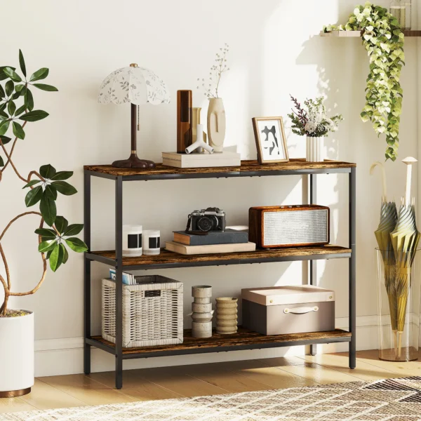 Console tafel, bijzettafel met 3 laags plank, spaanplaat, metaal, lichtbruin 2