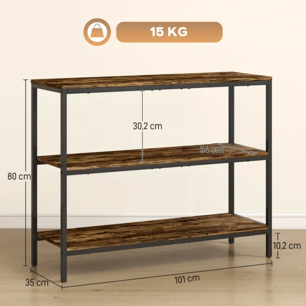 Console tafel, bijzettafel met 3 laags plank, spaanplaat, metaal, lichtbruin 4