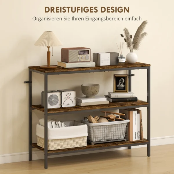 Console tafel, bijzettafel met 3 laags plank, spaanplaat, metaal, lichtbruin 5