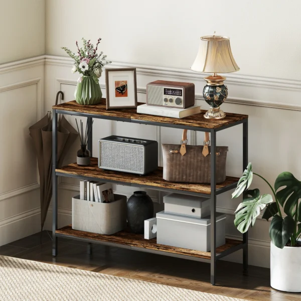 Console tafel, bijzettafel met 3 laags plank, spaanplaat, metaal, lichtbruin 7