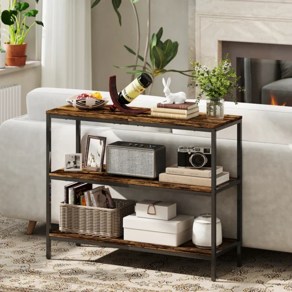 Console tafel, bijzettafel met 3 laags plank, spaanplaat, metaal, lichtbruin 8