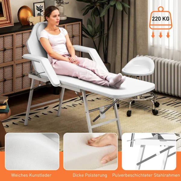 Draagbare massagetafel, opvouwbare massageliege met kunstleren bekleding, schuimvulling, stalen frame, wit 7