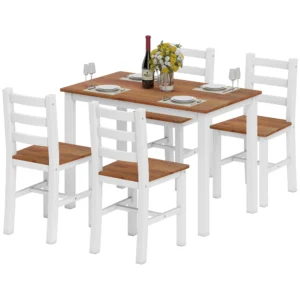 Eetgroepset, eettafel, 4 stoelen, eetkamerset, grenenhout, bruin+wit 1