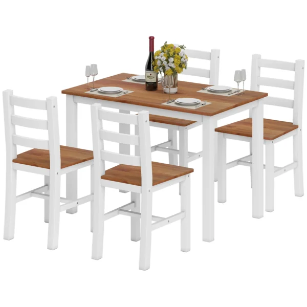 Eetgroepset, eettafel, 4 stoelen, eetkamerset, grenenhout, bruin+wit 1