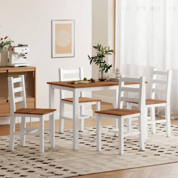Eetgroepset, eettafel, 4 stoelen, eetkamerset, grenenhout, bruin+wit 10