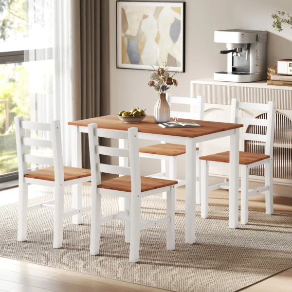Eetgroepset, eettafel, 4 stoelen, eetkamerset, grenenhout, bruin+wit 2