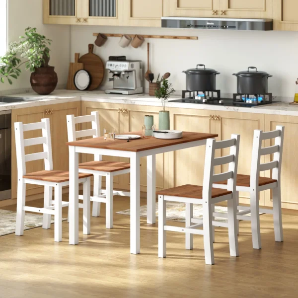 Eetgroepset, eettafel, 4 stoelen, eetkamerset, grenenhout, bruin+wit 9
