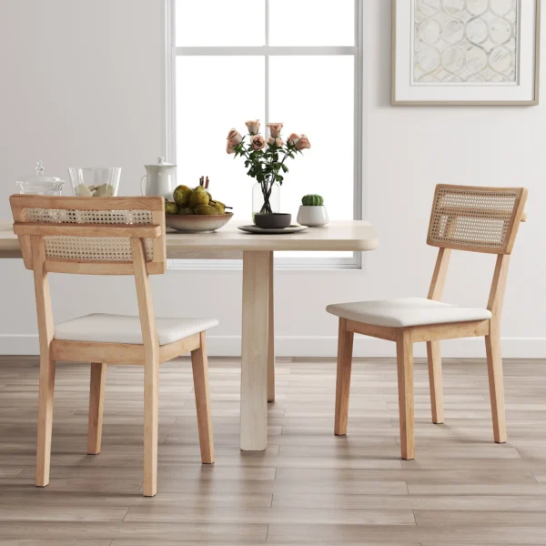 Eetkamerstoel, rattan rugleuning, kunstleder zitting, rubberhout, natuurhout 10