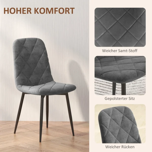 Eetkamerstoelen, set van 4 keukenstoelen met rugleuning, fluweelachtige uitstraling, gestoffeerde stoelen met metalen poten, voor eettafel, grijs 5