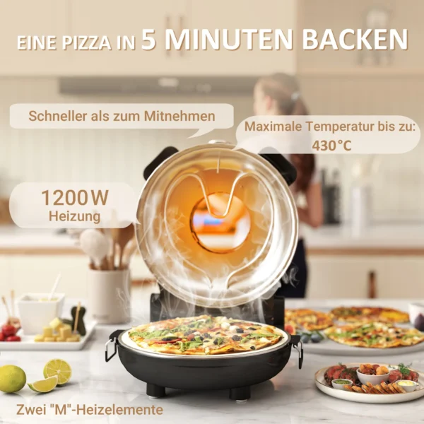 Elektrische pizzaoven 430 ℃, 1200 watt pizzabakker met 30cm steenplaat timer kijkvenster roestvrij staal zwart 5