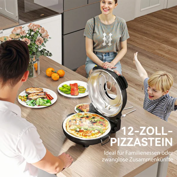 Elektrische pizzaoven 430 ℃, 1200 watt pizzabakker met 30cm steenplaat timer kijkvenster roestvrij staal zwart 7