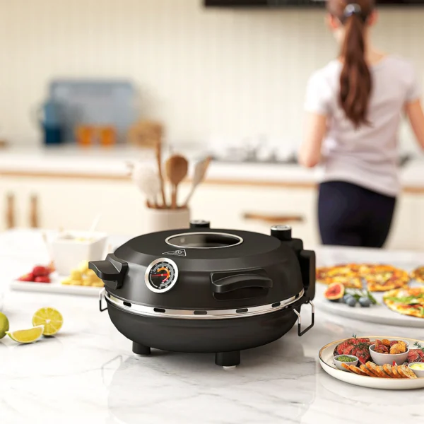 Elektrische pizzaoven 430 ℃, 1200 watt pizzabakker met 30cm steenplaat timer kijkvenster roestvrij staal zwart 9