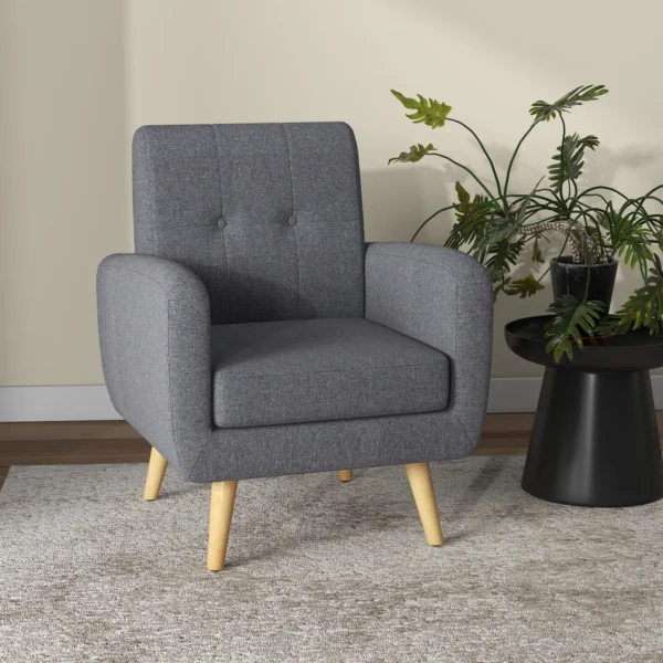 Fauteuil in scandinavisch ontwerp, accentstoel, knoopstiksels, natuur + lichtgrijs 2
