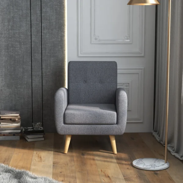 Fauteuil in scandinavisch ontwerp, accentstoel, knoopstiksels, natuur + lichtgrijs 7