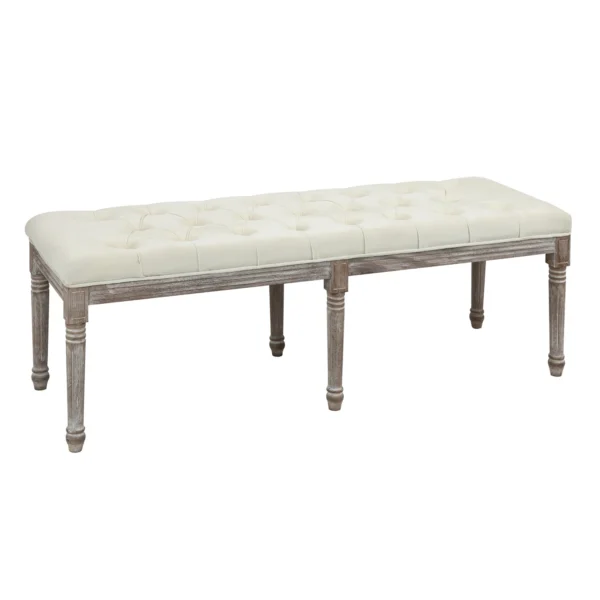 Gestoffeerde bank vintage bedbank met knoppen fluweelachtige aanraking rubberhout beige 142 x 47 x 51 cm 1
