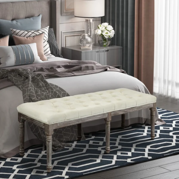 Gestoffeerde bank vintage bedbank met knoppen fluweelachtige aanraking rubberhout beige 142 x 47 x 51 cm 2