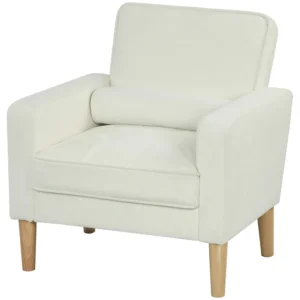 Gestoffeerde fauteuil met armleuningen, kantelbare rugleuning, rubberhouten poten, crème wit 1