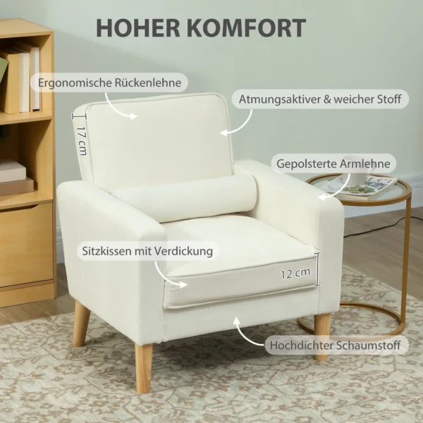 Gestoffeerde fauteuil met armleuningen, kantelbare rugleuning, rubberhouten poten, crème wit 6