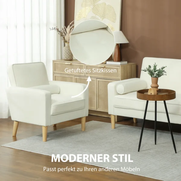 Gestoffeerde fauteuil met armleuningen, kantelbare rugleuning, rubberhouten poten, crème wit 7
