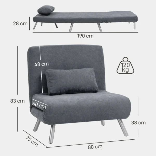 Gestoffeerde fauteuil met bedfunctie, 2 in 1 ontwerp, slaapstoel, logeerbed, stoffen bekleding, met kussen, donkergrijs 4
