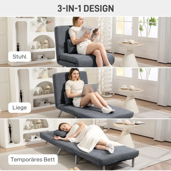 Gestoffeerde fauteuil met bedfunctie, 2 in 1 ontwerp, slaapstoel, logeerbed, stoffen bekleding, met kussen, donkergrijs 5