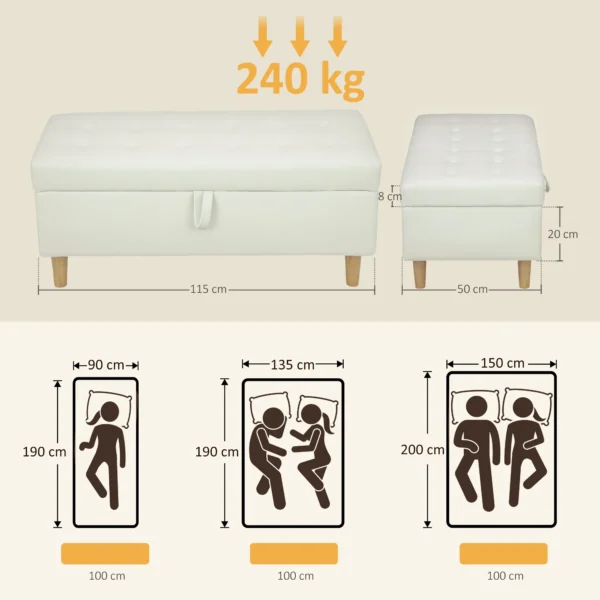 Gestoffeerde kruk met opbergruimte, houten poten, zachte stoffen bekleding, crème wit 4