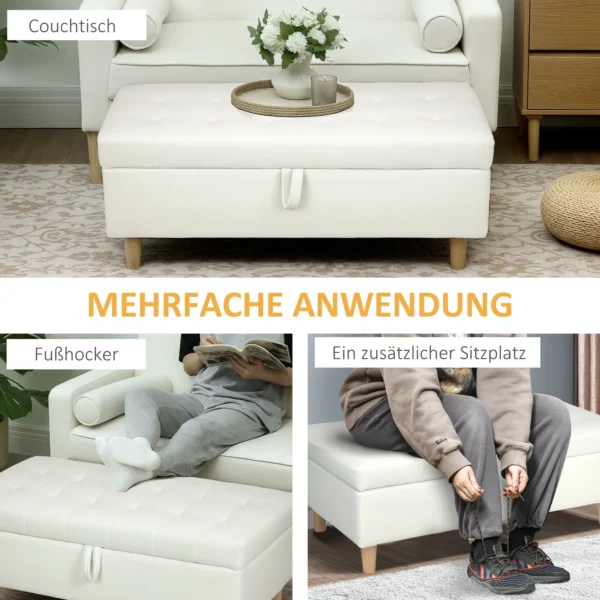 Gestoffeerde kruk met opbergruimte, houten poten, zachte stoffen bekleding, crème wit 5