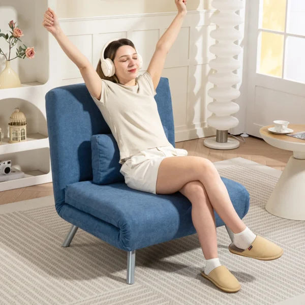 Gestoffeerde stoel met bedfunctie, 2 in 1 ontwerp, slaapstoel, logeerbed, stoffen bekleding, met kussen, blauw 2