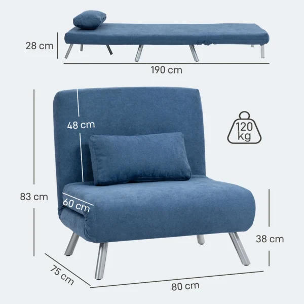 Gestoffeerde stoel met bedfunctie, 2 in 1 ontwerp, slaapstoel, logeerbed, stoffen bekleding, met kussen, blauw 4