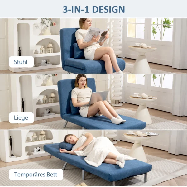 Gestoffeerde stoel met bedfunctie, 2 in 1 ontwerp, slaapstoel, logeerbed, stoffen bekleding, met kussen, blauw 5