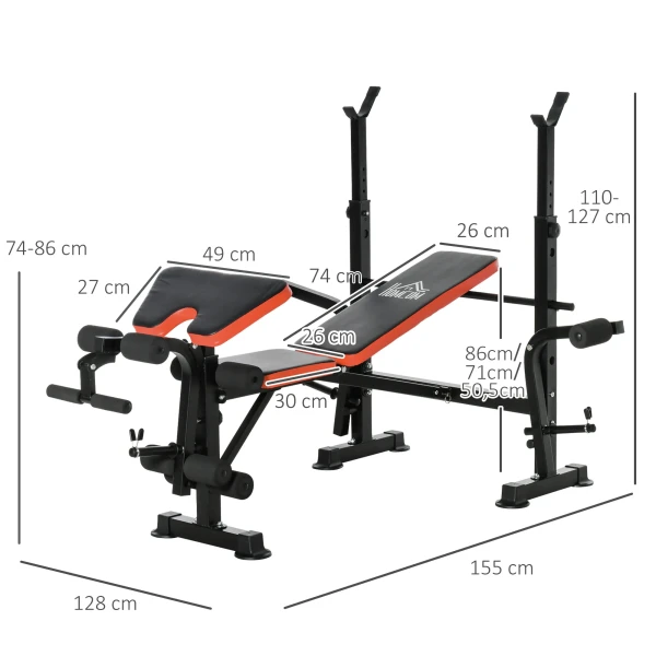 Haltersbank zonder gewichten, verstelbare fitnessbank voor talloze oefeningen, workout station, staal, kunststof, zwart+rood 4