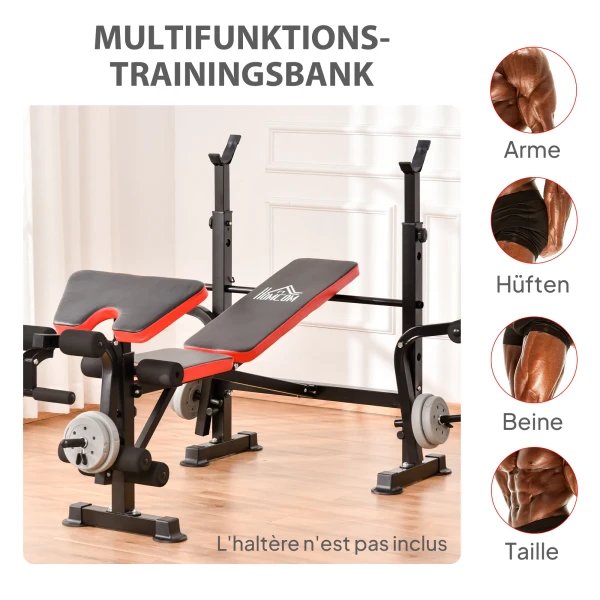 Haltersbank zonder gewichten, verstelbare fitnessbank voor talloze oefeningen, workout station, staal, kunststof, zwart+rood 5