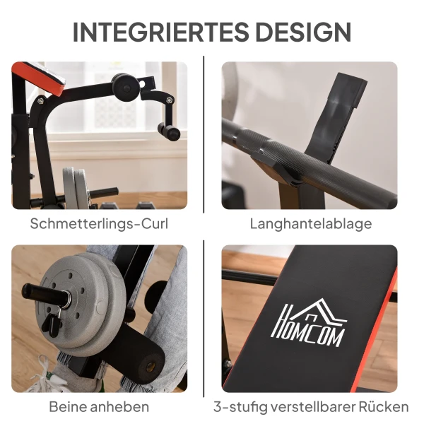 Haltersbank zonder gewichten, verstelbare fitnessbank voor talloze oefeningen, workout station, staal, kunststof, zwart+rood 6