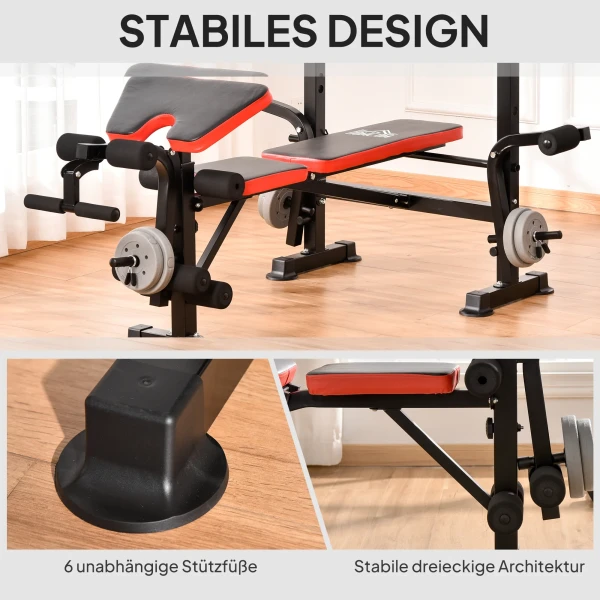 Haltersbank zonder gewichten, verstelbare fitnessbank voor talloze oefeningen, workout station, staal, kunststof, zwart+rood 8