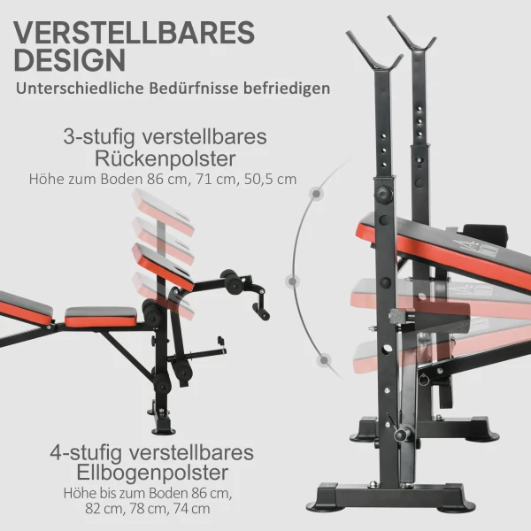 Haltersbank zonder gewichten, verstelbare fitnessbank voor talloze oefeningen, workout station, staal, kunststof, zwart+rood 9