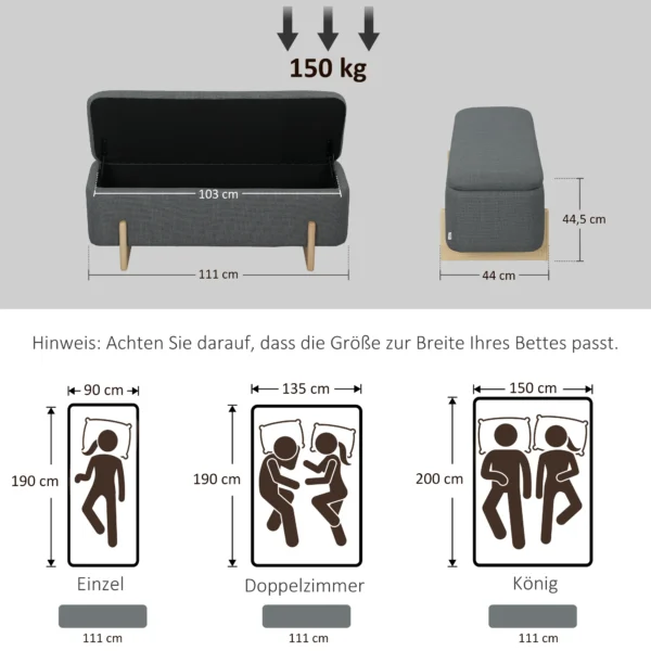 Hocker met opbergruimte, zitbank met schuimvulling, linnenimitatie, 111 x 44 x 44,5 cm, donkergrijs 4