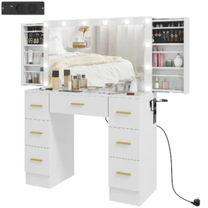 Kaptafel met spiegel en 12 led lampen, kaptafel met 7 laden, 6 verborgen opbergvakken, spaanplaat, wit 1