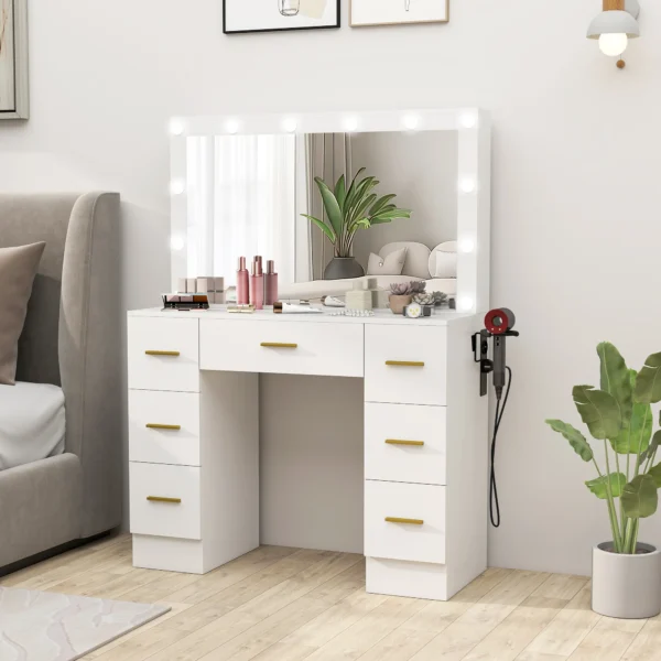Kaptafel met spiegel en 12 led lampen, kaptafel met 7 laden, 6 verborgen opbergvakken, spaanplaat, wit 2