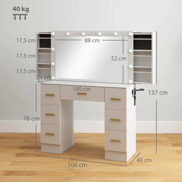 Kaptafel met spiegel en 12 led lampen, kaptafel met 7 laden, 6 verborgen opbergvakken, spaanplaat, wit 4
