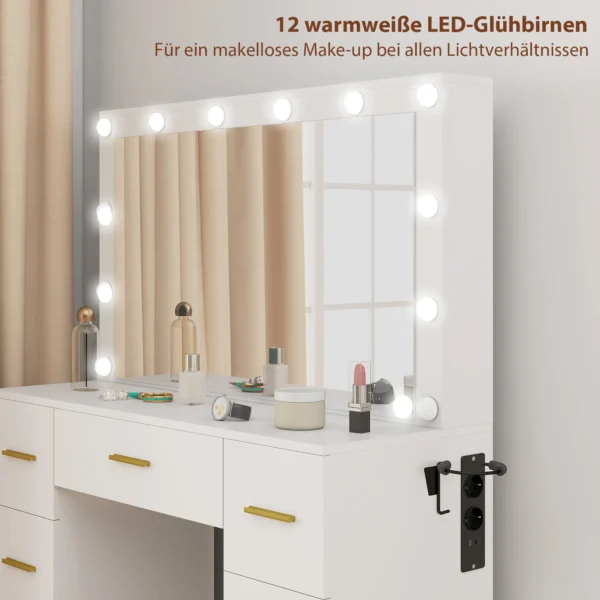 Kaptafel met spiegel en 12 led lampen, kaptafel met 7 laden, 6 verborgen opbergvakken, spaanplaat, wit 5