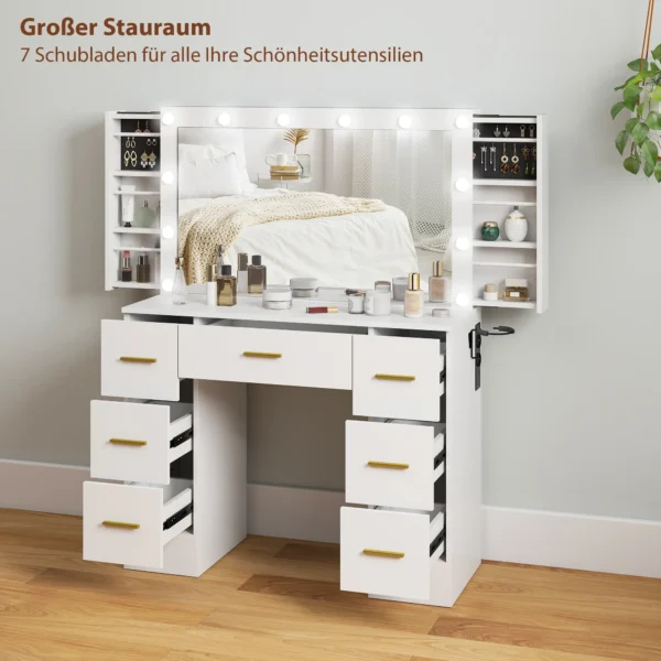 Kaptafel met spiegel en 12 led lampen, kaptafel met 7 laden, 6 verborgen opbergvakken, spaanplaat, wit 6