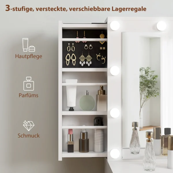 Kaptafel met spiegel en 12 led lampen, kaptafel met 7 laden, 6 verborgen opbergvakken, spaanplaat, wit 7