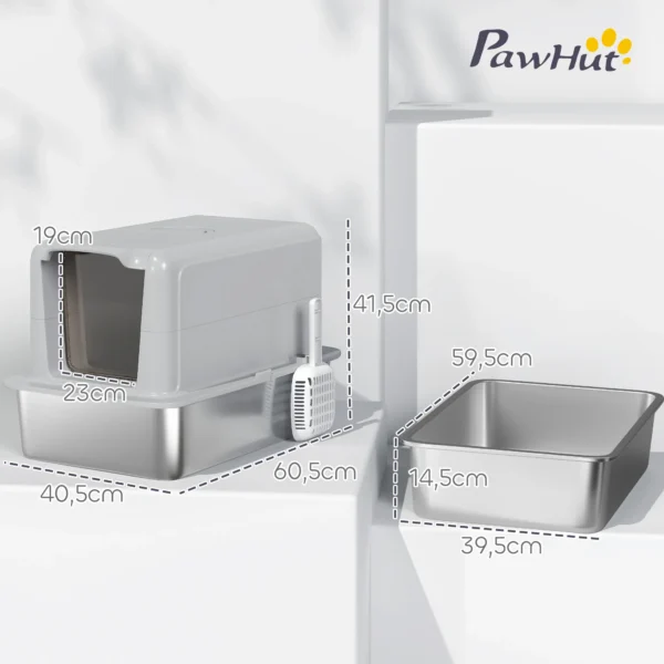 Kattenbak, bak van roestvrij staal, filter, schep, voor katten tot 6 kg, 40,5 x 60,5 x 41,5 cm, grijs/zilver 4