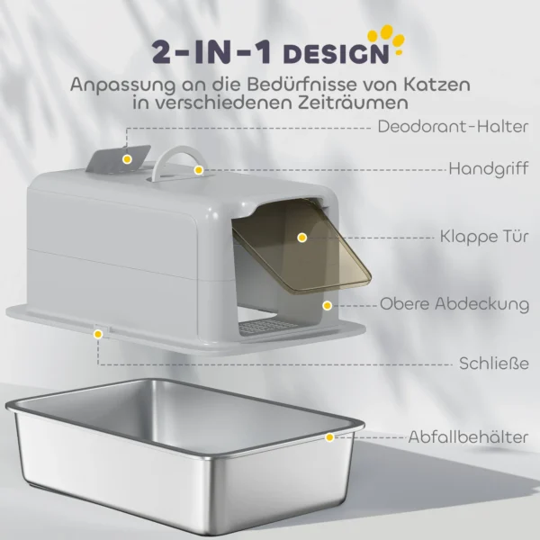 Kattenbak, bak van roestvrij staal, filter, schep, voor katten tot 6 kg, 40,5 x 60,5 x 41,5 cm, grijs/zilver 7